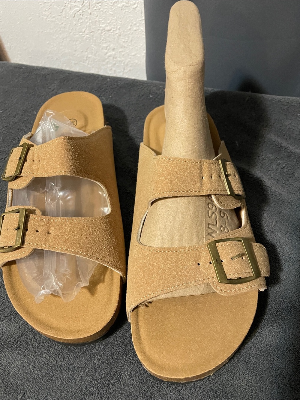 Women’s Tan Suede Double-Buckle Slide Sandals